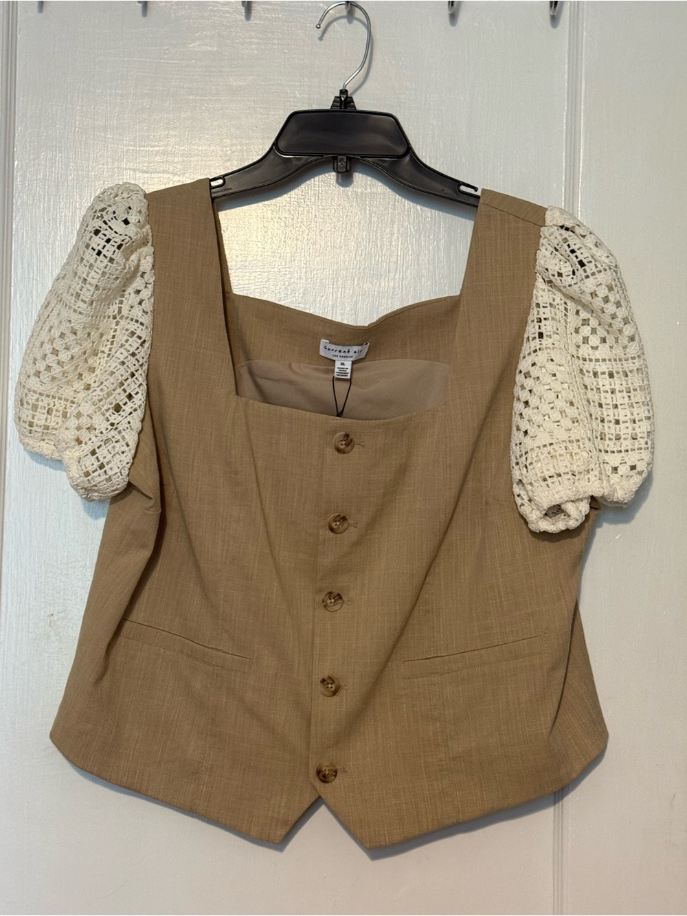 Current Air Taupe Button-Front Square Neck Top with Cream Crochet Puff Sleeve XL